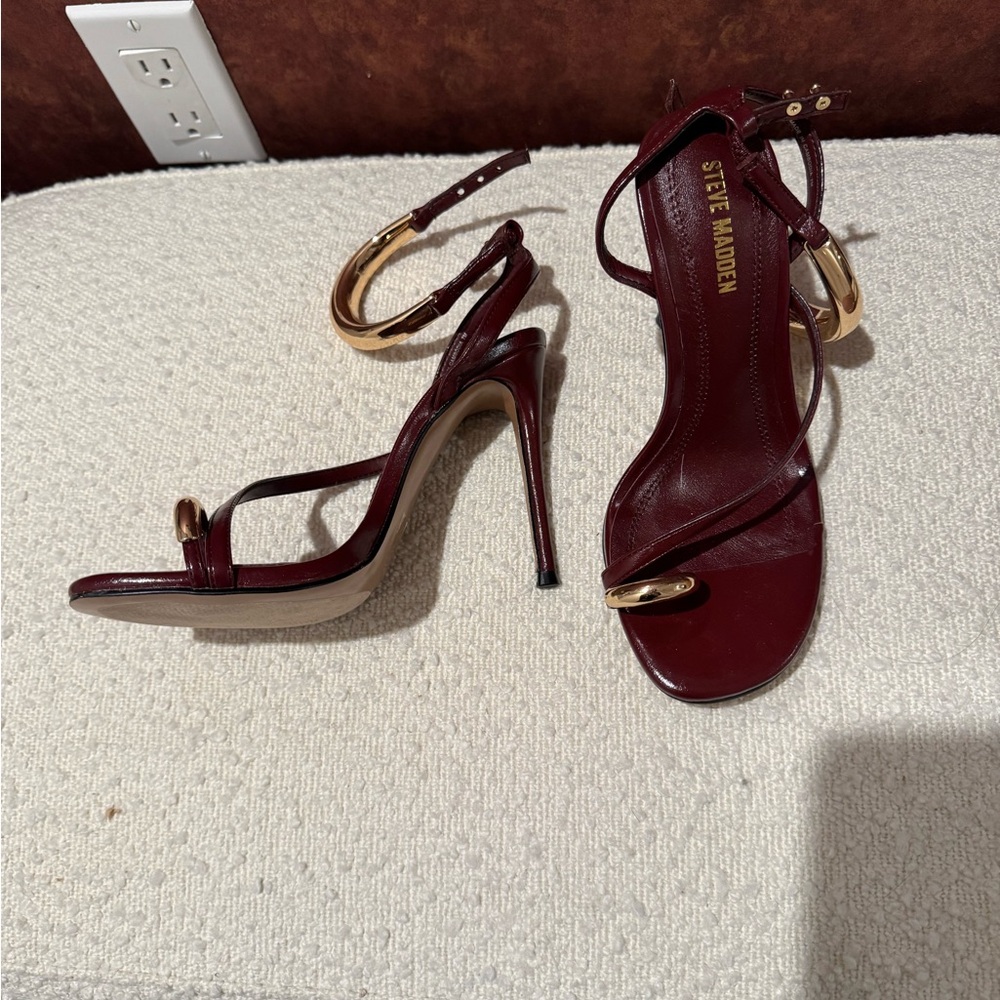 Steve Madden Wine Red Strappy Heels with Gold Accents
